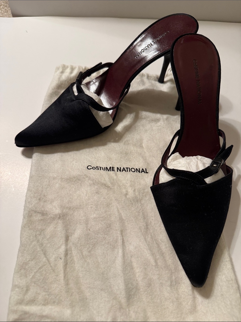 Costume National Black Satin Pointed Mule Heels New Y2K Size 40 Italy